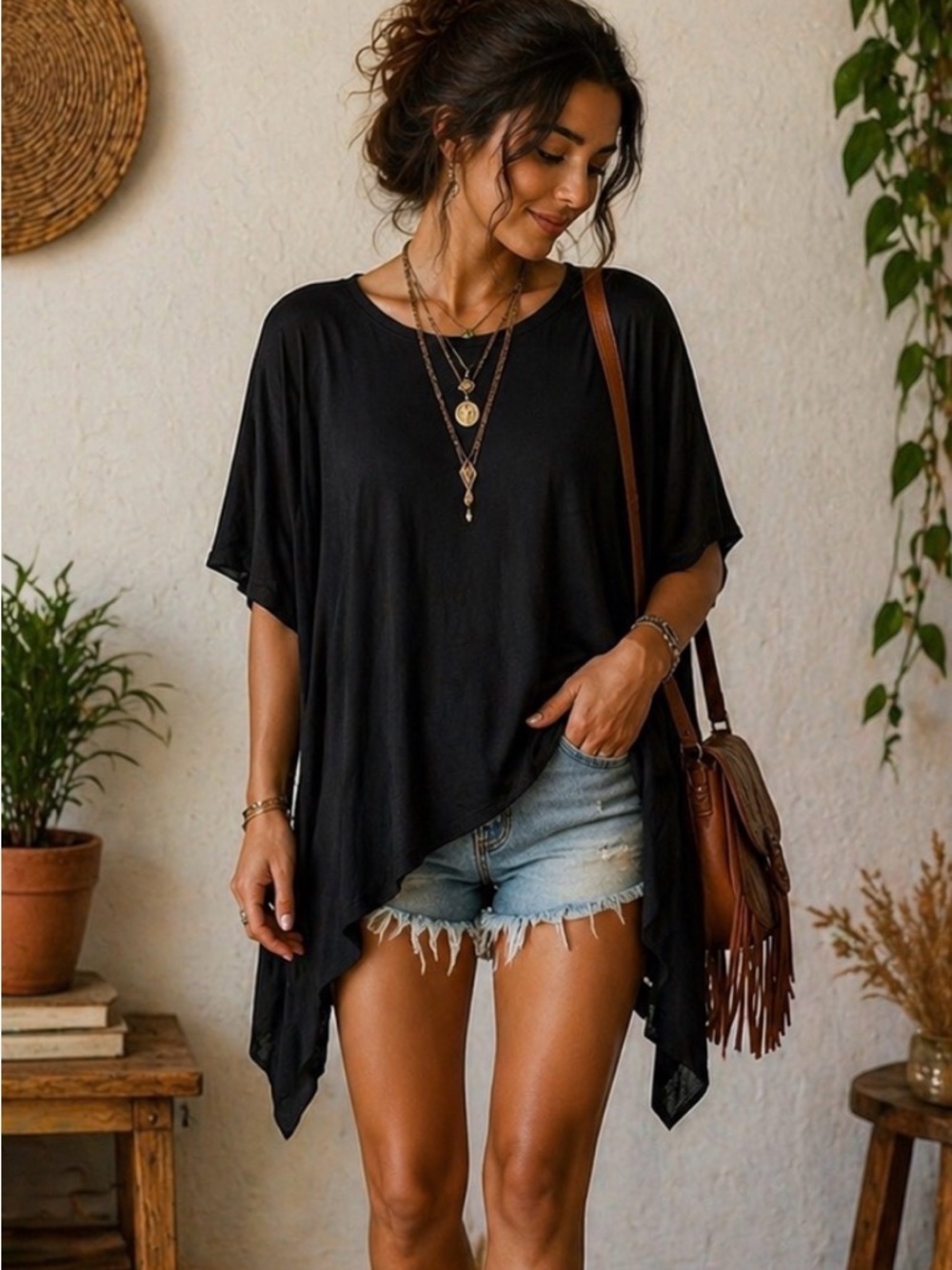 Black Flowy Boho  Chic Tunic Top | Relaxed Asymmetrical Draped Top  Size OS NWT